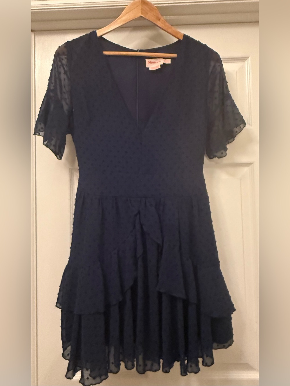 Showpo Navy Swiss Dot V-Neck Ruffle Midi Dress Size 6 Wedding Guest Formal Party